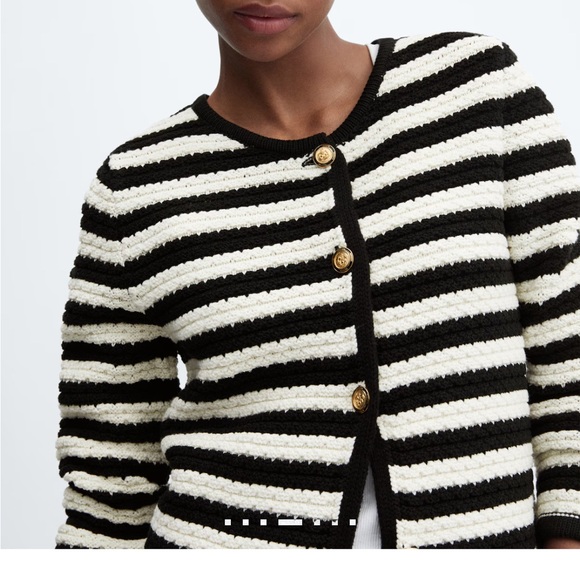 Mango Sweaters - MANGO Black and White Striped Knit Cardigan Jeweled Gold Buttons Long Sleeve XS